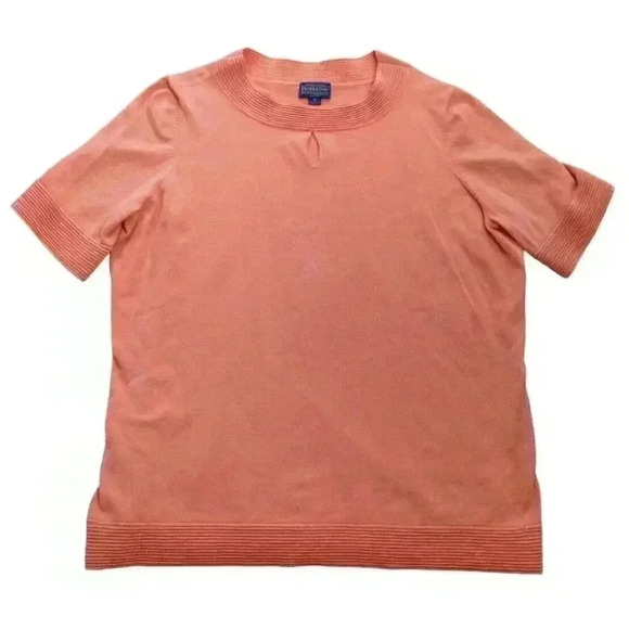Pendleton Women's 1X Silk Blend Ribbed Knit Short Sleeve Blouse Pink Peach Coral - Picture 1 of 10